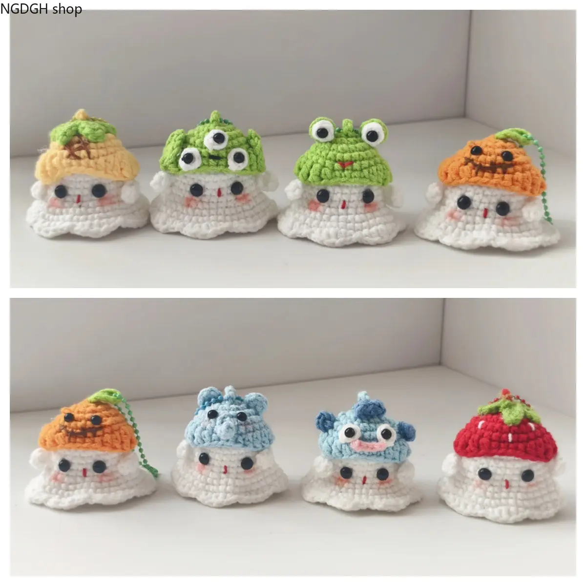 Crochet Ghost Keychain Cute Knitted Ghost Charm with Removable Animal Fruit Hats Hand‑Woven Plush Pendant Lightweight Bag Decoration for Backpack Purse Car Interior Accessory