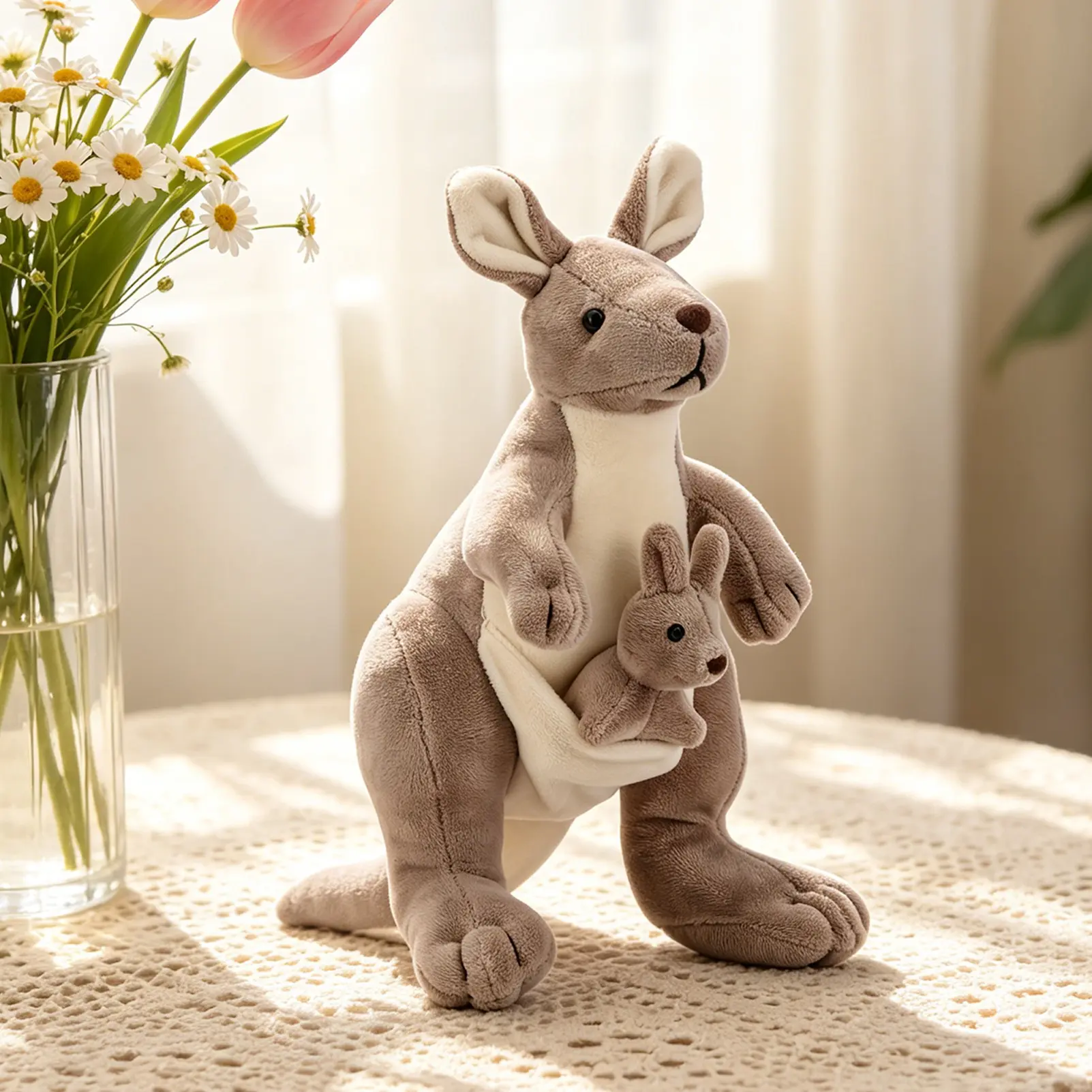 Plush Kangaroo Mother and Baby Soft Stuffed Animal Toy with Realistic Wildlife Design & Unique Pouch Feature, Cute Educational Animal Plush for Kids Room Decor, Nursery Decoration, Comfort Companion, Birthday & Holiday Gift for Boys and Girls