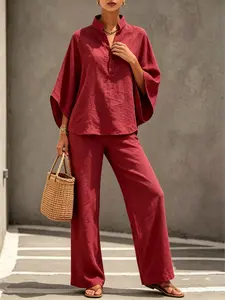 2-piece set of women's minimalist loose fashion top, wide leg pants, half open button batwing sleeve top, high waisted straight leg pants suitable for summer seaside travel, daily commuting, afternoon tea