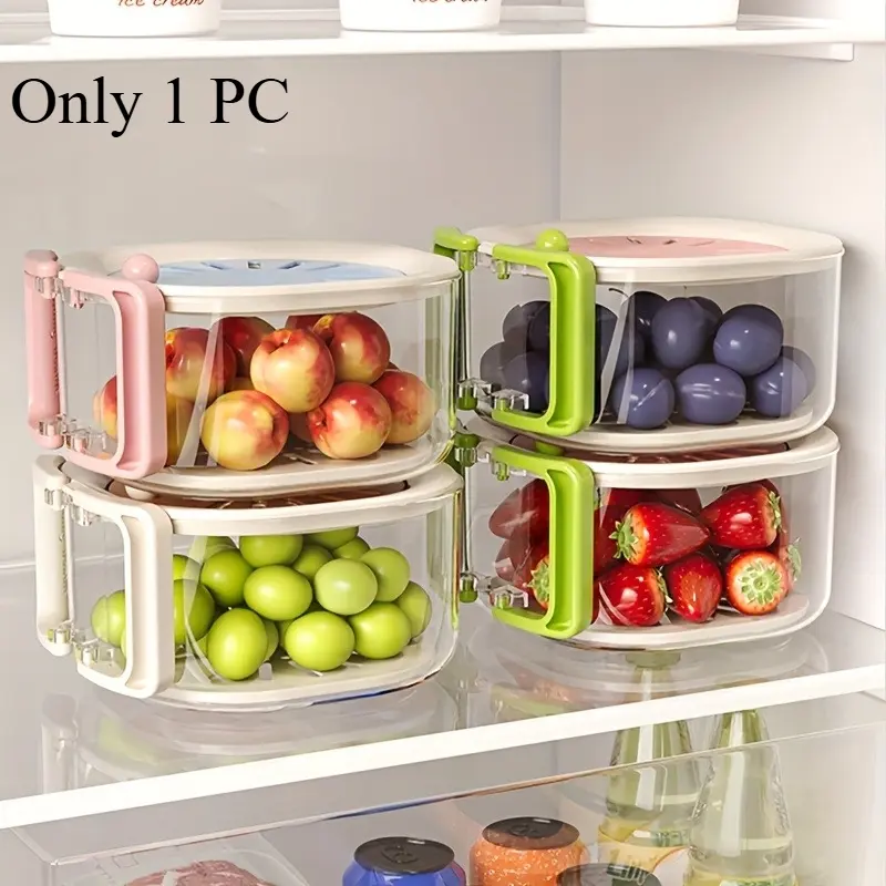 2-in-1 Double-Layer Drain Basket, Foldable Handle Fruit Drainer Container, Fruit and Vegetable Washing Bowl, Multi-Functional Food Strainer, Strainer With Handle, Refrigerator Fresh-Keeping Basket, Fruit Plate, Suitable for Kitchen, Fridge, Camping