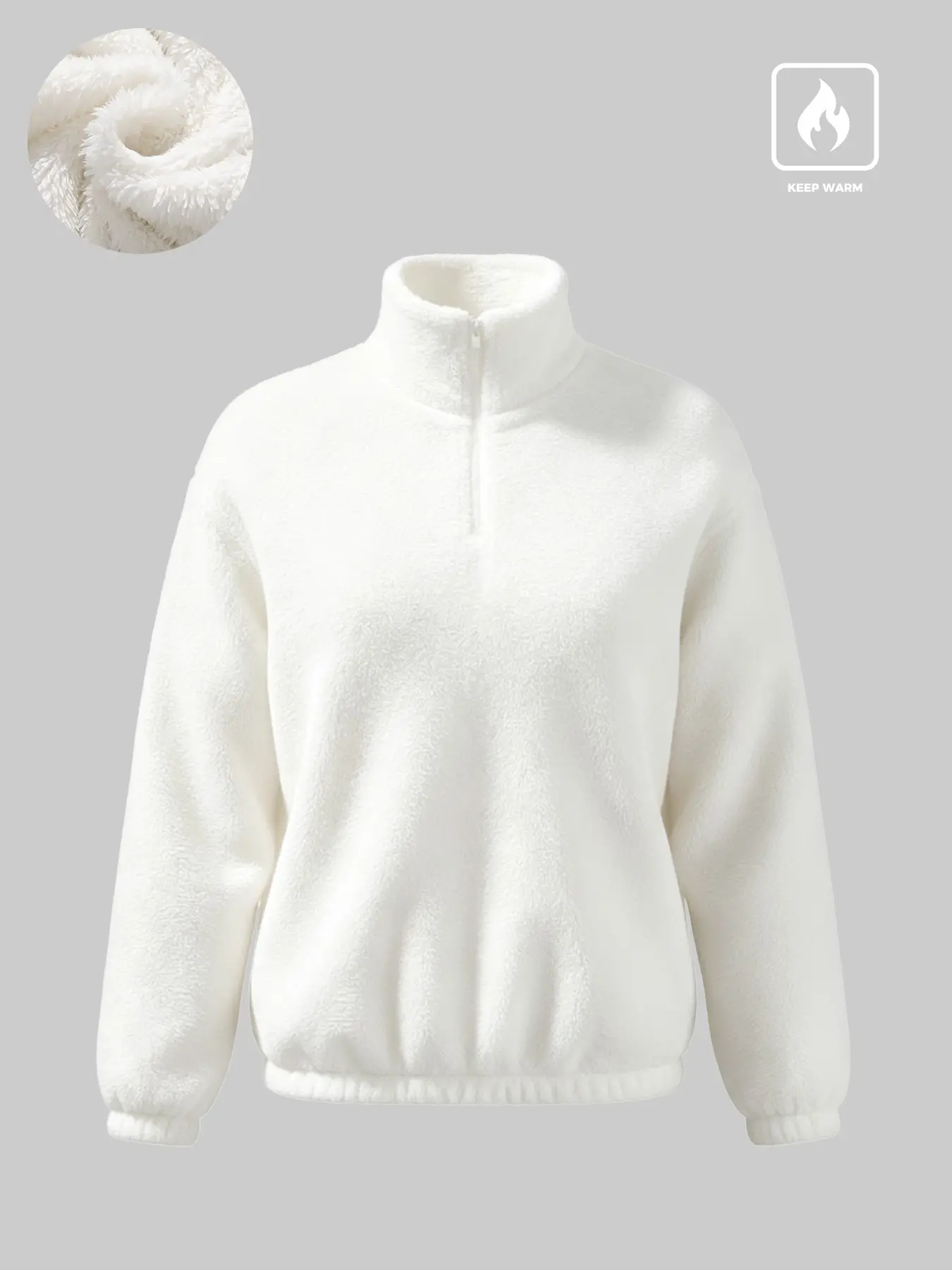 Minimalist Solid White Sherpa Half-Zip Sweatshirt, Soft Fluffy Constant-Temperature Polar Fleece Pullover with Relaxed Comfortable Fit, Suitable for Weekend Dates, Post-Workout Outfits, Winter Layering Under Coats, Daily Street Style, Lazy Loungewear