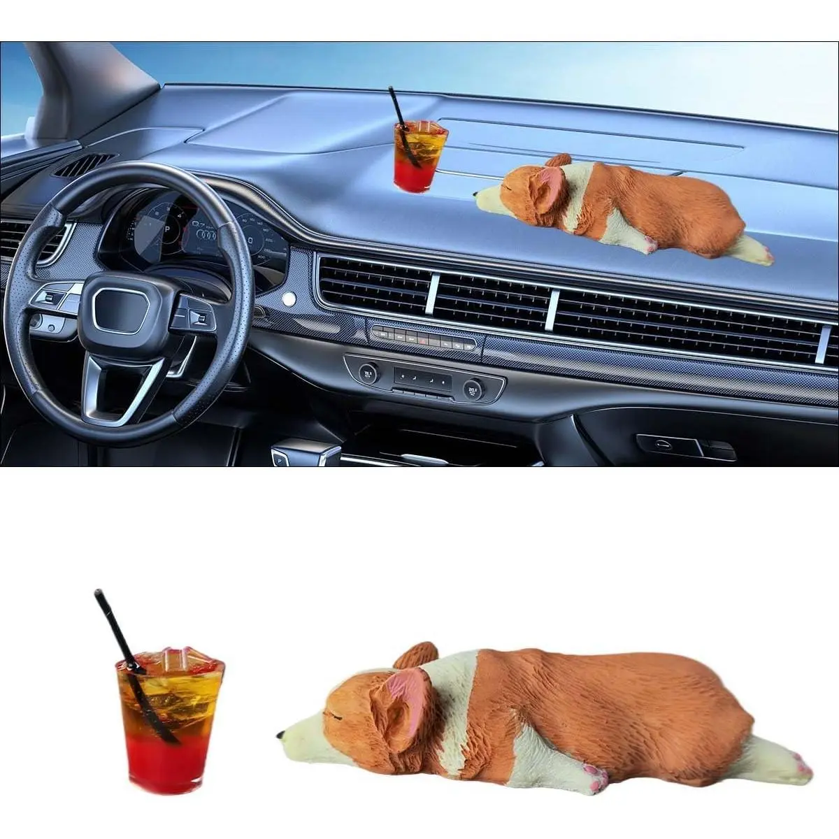 BDZMC Cute Dog Car Rearview Mirror Accessories, Sleeping Corgi Car Dashboard Decoration with Iced Tea, Resin Car Ornament, Funny Automotive Mirror Accessories for Home Office (Ice Tea)