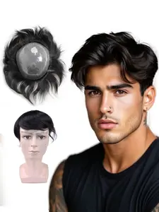 Men's Human hair Toupee replacement system, ultra-thin and realistic PU base made of full polyester fiber, ultra-thin ring-shaped human hair hairpiece, Human hair toppers, Natural Black 6 inch Raw Hair Length