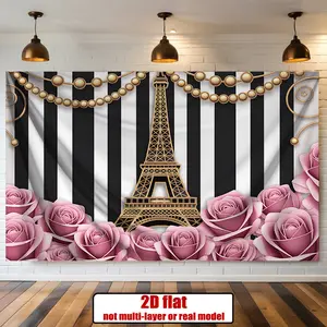 2D flat style, 1 piece Paris-themed 2D flat banner--elegant Eiffel Tower and French text, multi-color design suitable for room decoration, made of polyester fiber material, suitable for birthday party backdrops, wall hangings, photo props, and various oth