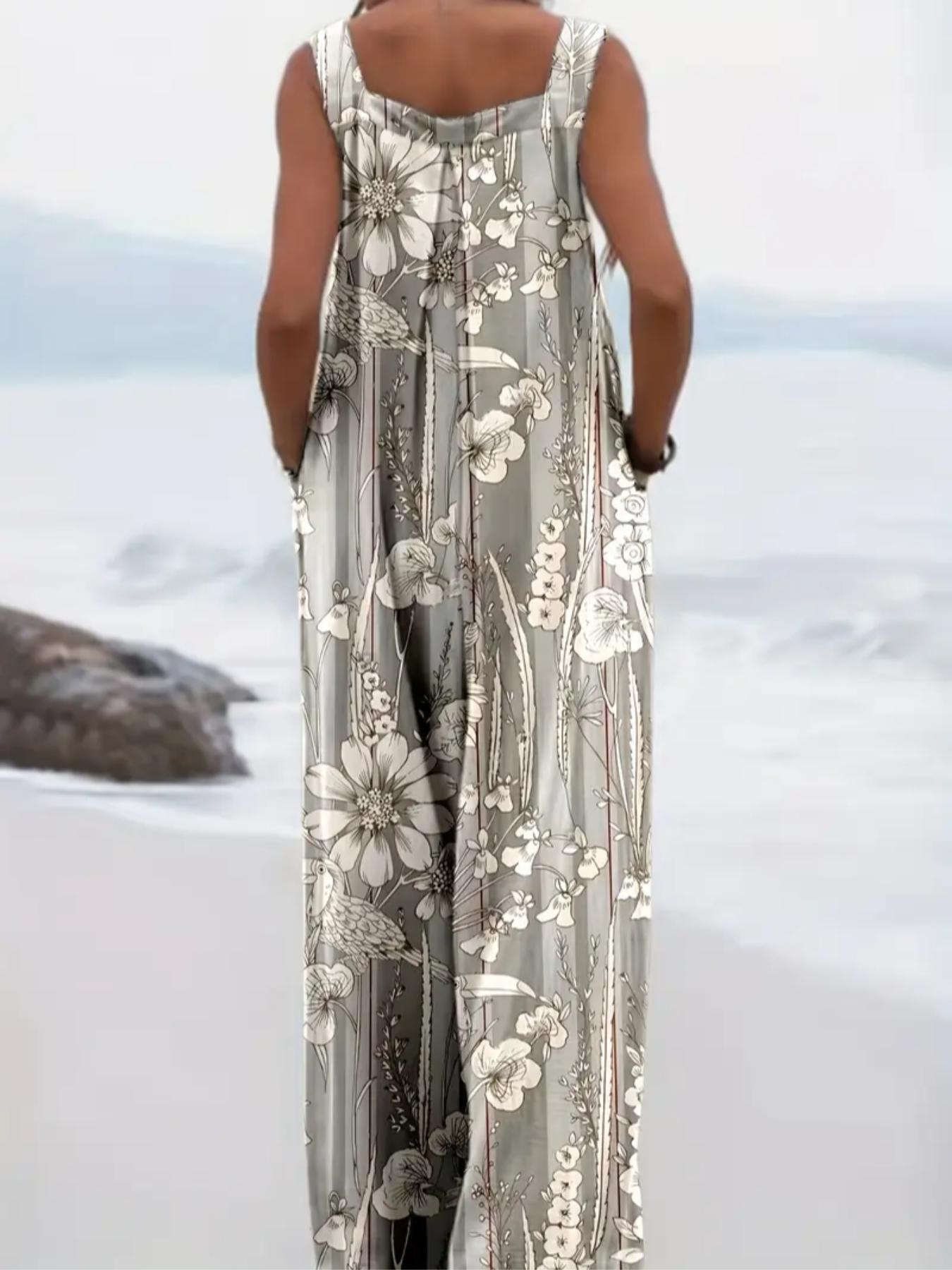 Plus Size All Over Print Floral Button Design Overall Jumpsuit, Boho Casual Sleeveless Wide Leg Jumpsuit for Beach Holiday Vacation, Women's Clothes for Summer