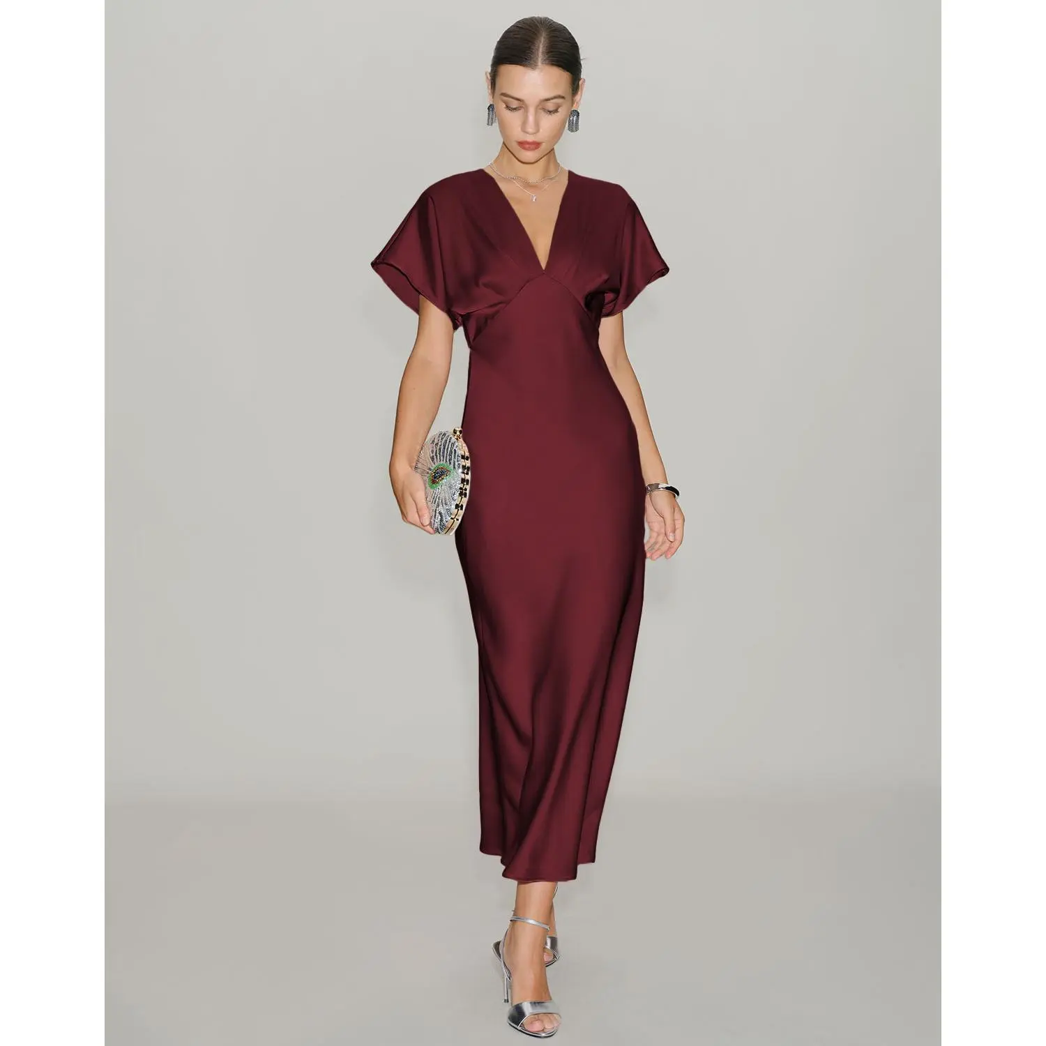 Wine Red Satin Cowl Sleeve Midi Dress Wine Red Satin Cowl Sleeve Midi Dress