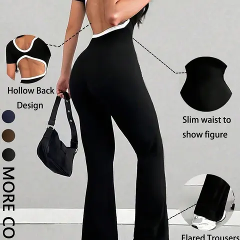 Casual Slim Fit Jumpsuit, Women's Colorblock Backless Flared Hem Design, Comfortable and Stylish One-Piece Clothing for Daily Wear, Backless Fitted Jumpsuit