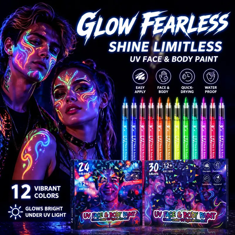 8/12/18/24/30 Colors UV Face & Body Paint Markers feature vivid neon pigments and glowing effects under black light. Quick-drying, washable ink with smooth application creates bright temporary designs, perfect for Halloween parties, glow parties.