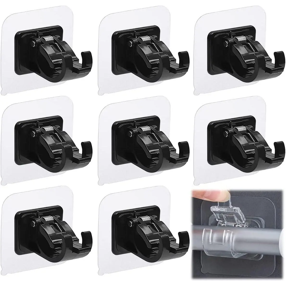 8 Pack No Drilling Curtain Rod Brackets, Adjustable ABS & Stainless Steel Self Adhesive Hooks, Elegant Transparent Design for Bathroom & Kitchen, Adhesive Hooks Shower Rails, Glueless