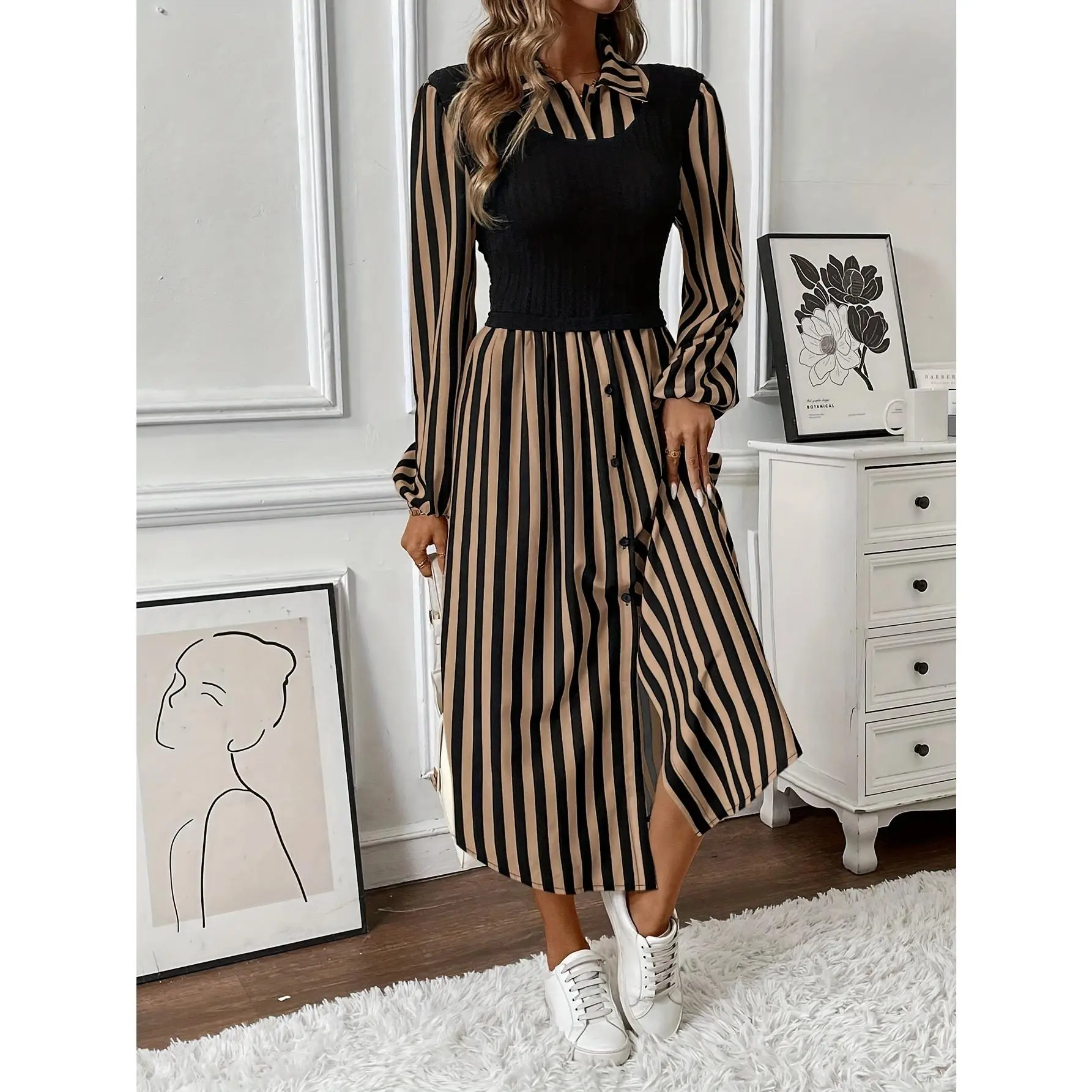 square,neck,plain,,vacation,dresses,vacay,Women's 2-in-1 Striped Shirt Dress with Vest, Collared Long Sleeve Button-Front Maxi Dress with Side Slit,slip,hill,house,sun,summer,outfits