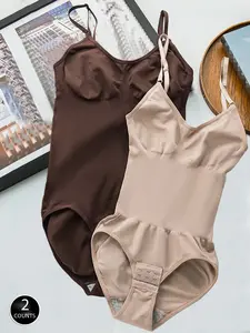 1/2/3 Piece Seamless Sculpting Jumpsuit, Waist Cinching Slimming Shapewear, Buttoned Bottom Strappy Undergarment, All Seasons Elegant Style