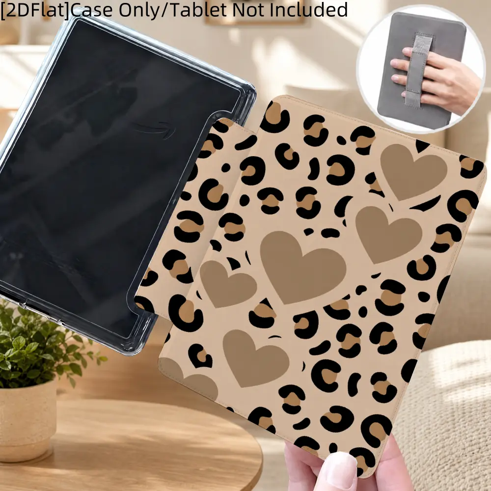 Heart-shaped leopard print Kindle protective case, hand strap, automatic sleep/wake function, suitable for 7/6.8/6inch Kindle e-reader devices, scratch-resistant and shockproof, lightweightsmartflip cover protective case, electronic device accessory shell