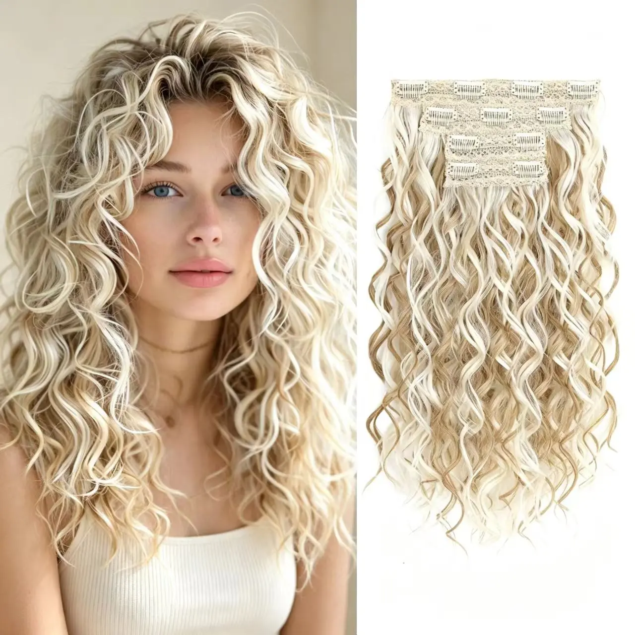 Four-Piece Invisible Hair Extension Set, Natural Wave Texture, Curly Wave Textures, Universal Fit for All Skin Tones, Easy-To-Use Hairpiece