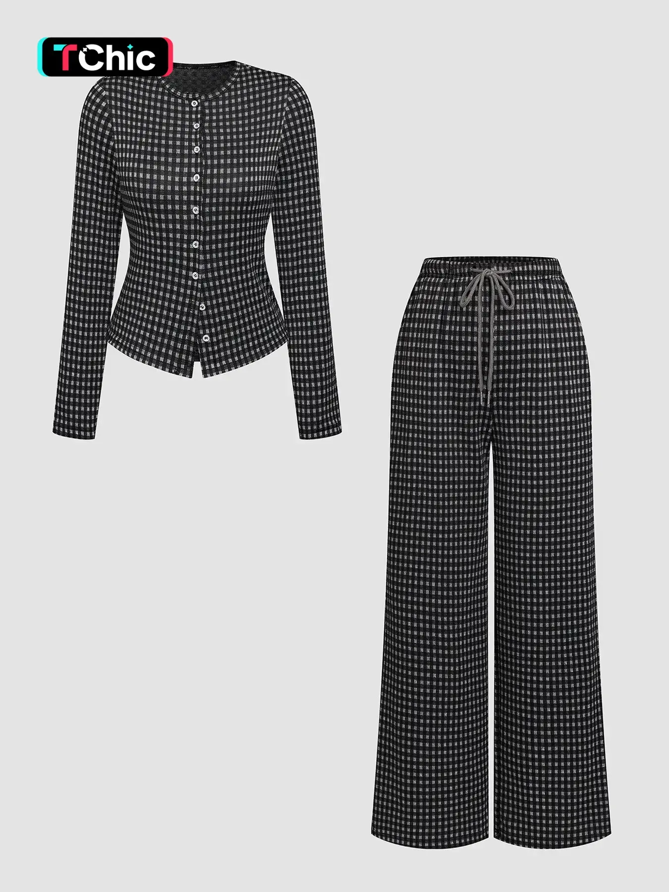 2 Piece Viral Co Ord Set Crew Neck Front Placket Check Print Slim Waist Long Sleeve Top & Full Elastic Waist Drawstring Straight Wide Leg Trousers Matching Outfit