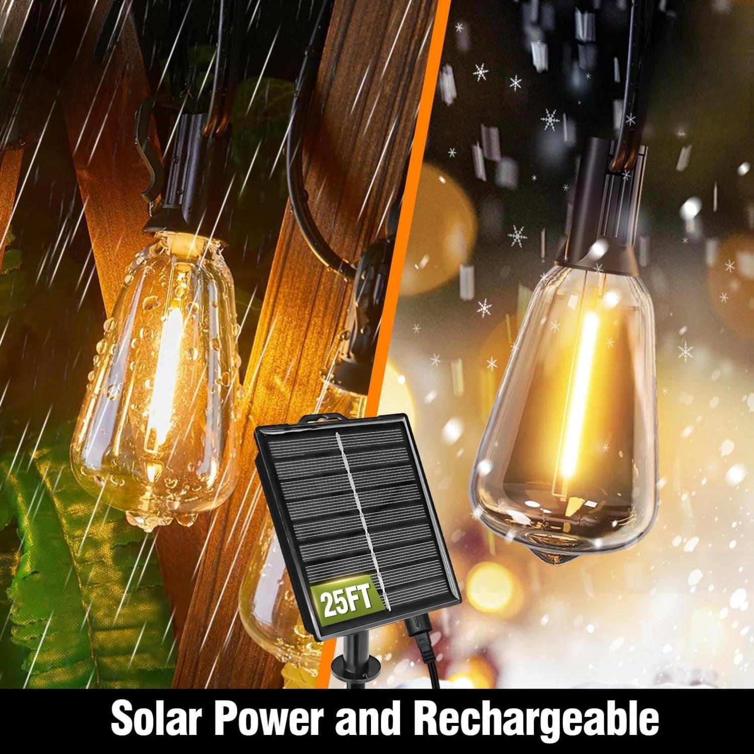 Solar String Lights Outdoor Waterproof with Remote & Timer, LED Shatterproof ST38 Bulbs, USB & Solar Powered Patio Lights for Backyard, Porch, Garden, Wedding, Christmas Decor (25FT)