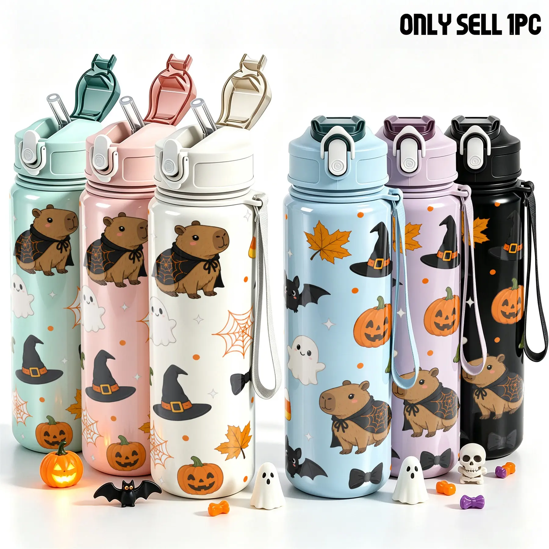 1pc 25oz Cute Halloween Water Bottle With Straw, Reusable Sports Bottle with Capybara, Ghost, Bat, Pumpkin, Witch Hat Prints, Reusable Drinkware, Portable Travel Hydration Bottle for Gym, Hiking, Spooky Season Gift for Teens & Women Women's clothing
