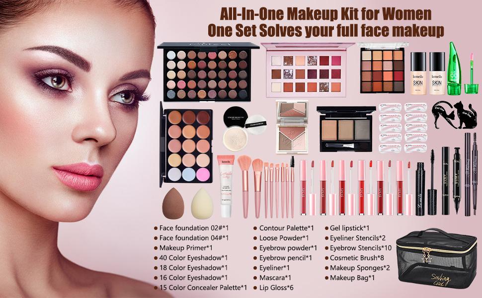 All in One Makeup Kit for Women Full Kit, Make Up Gift Set for Women, Makeup Essential Bundle Includes Foundation Face Primer Eyeshadow Contour Palette Lipstick Eyeliner Mascara Cosmetic Brush Set