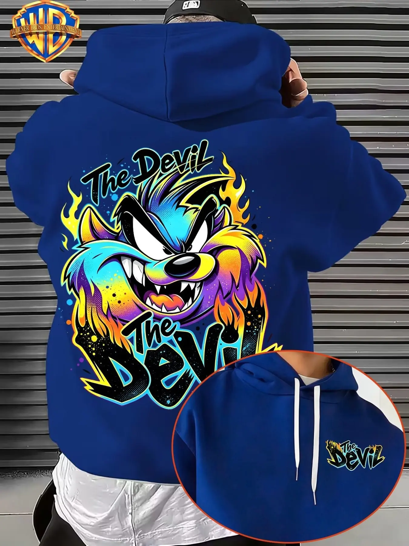 Warner Bros Men's Gradient Devil Pattern Hoodie, Graffiti Street Style, Loose-Fit Trendy Pullover, Casual All over Print