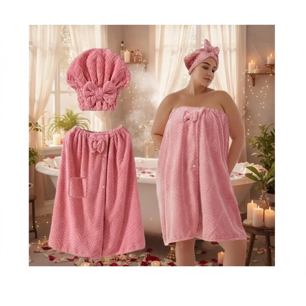 Plus Size Women's Solid Cozy Bathroom Accessory Set - Bath Skirt, Shower Cap, Adjustable Towel Wrap, Female Personalized Fit Post-Bath Spa Alternative