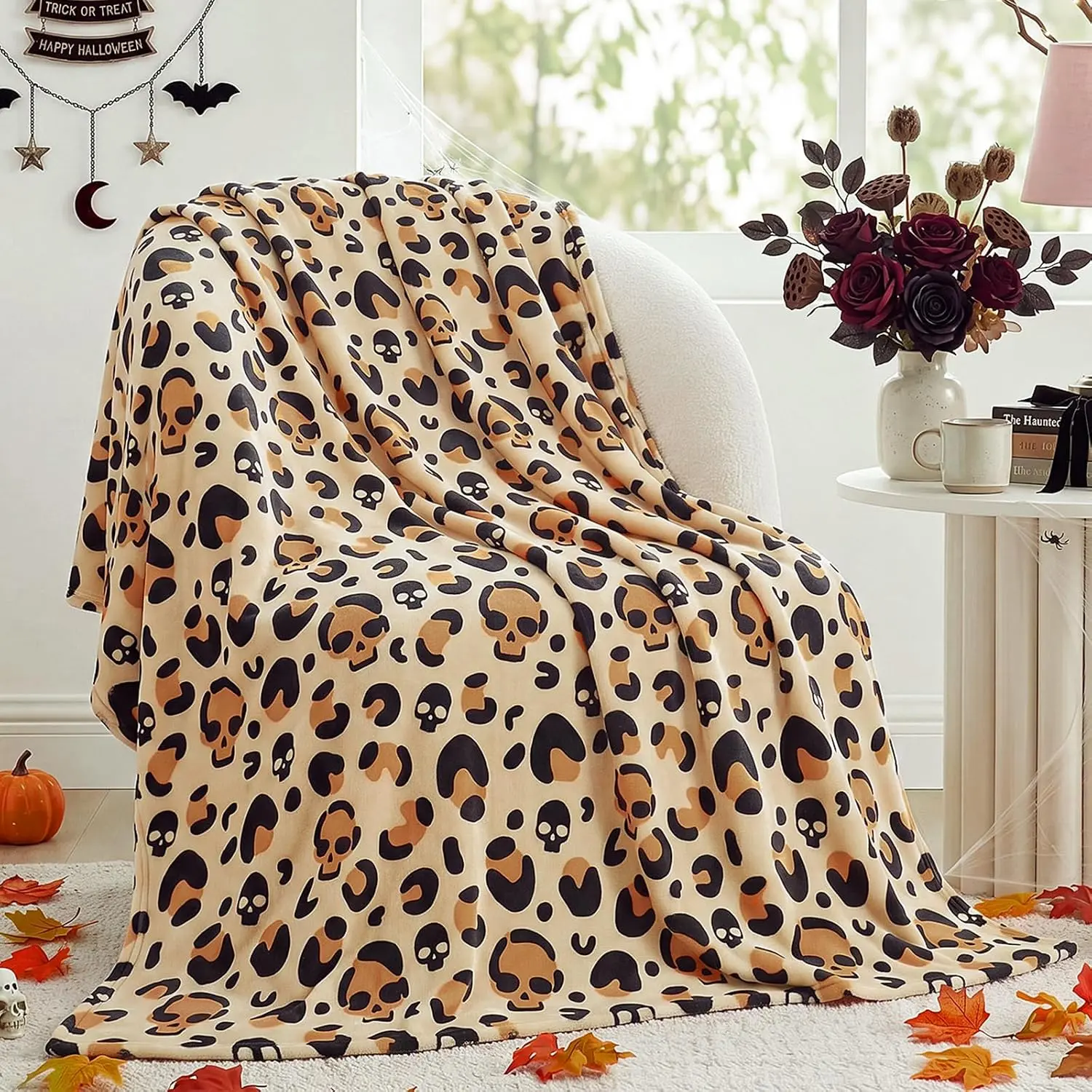Leopard Skull Gothic Retro Halloween Throw Blankets, Soft Plush Fleece Flannel Blanket for Sofa Couch Bed, Holiday Party Decoration Gifts