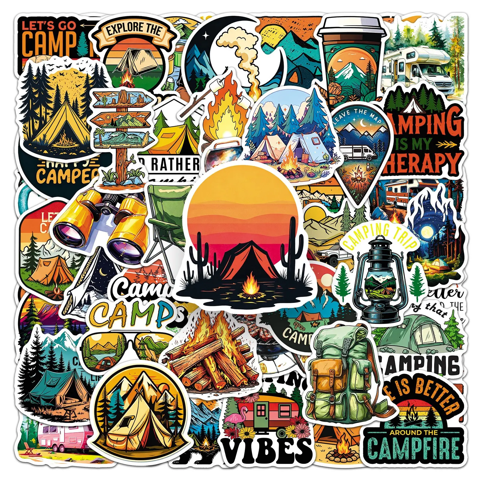 50Pcs Camping Stickers for Outdoor BBQ, Waterproof Decorative Stickers for Storage Boxes and Insulated Cups, Hot Selling Cross-Border Products