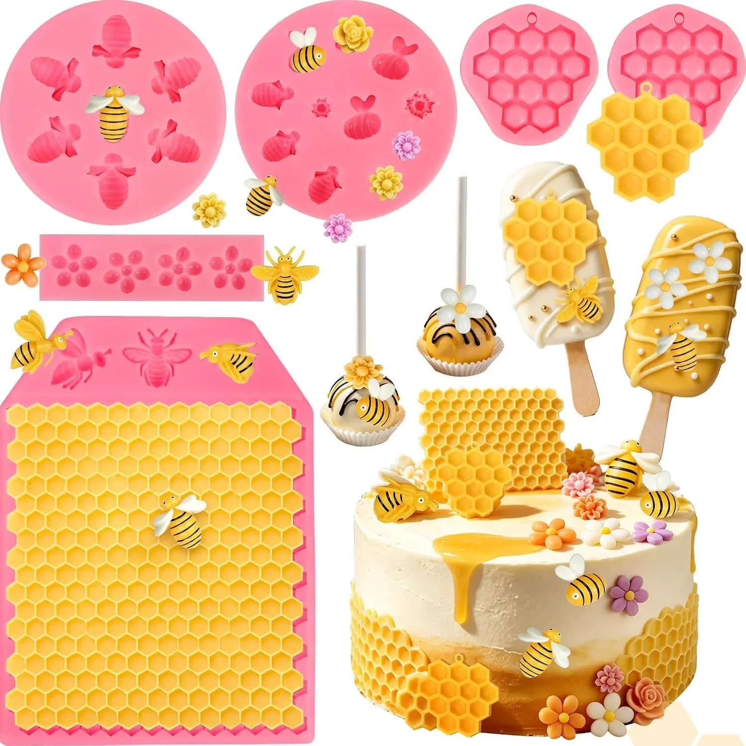 6 Pcs Bumble Bee Silicone Mold Honeycomb Flower Bee Fondant Molds for Chocolate Candy Sugar Cookies Gum Paste Polymer Clay, Making Edible Bees Cake Decorations Cupcake Toppers for Party Wedding
