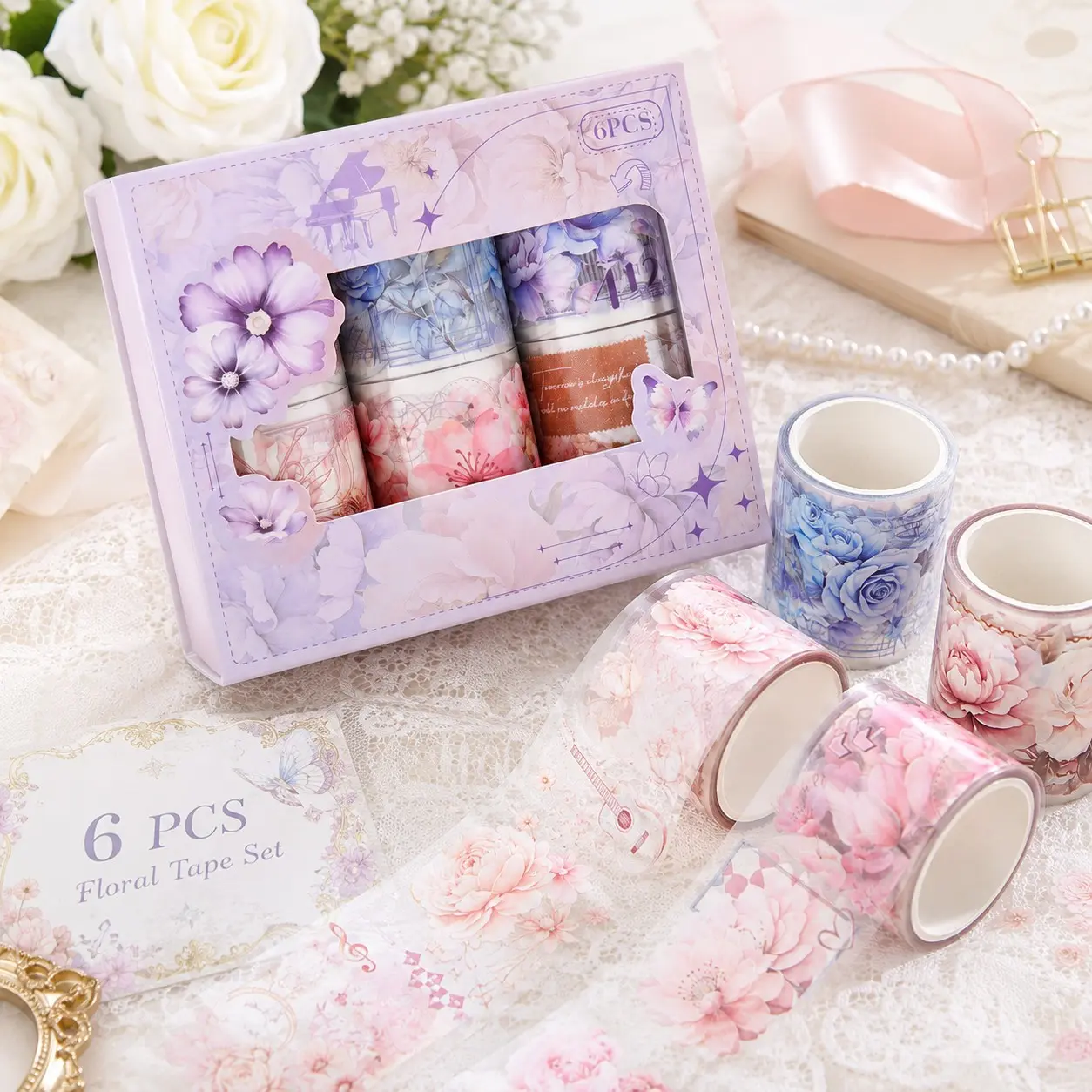6 Rolls/box Cute Floral PET Masking Tape Sticker Set, Colorful Flower Decorative Tape, DIY Craft Supplies, Scrapbooking Supplies, Scrapbook Materials, Journal Decoration, Holiday Gift