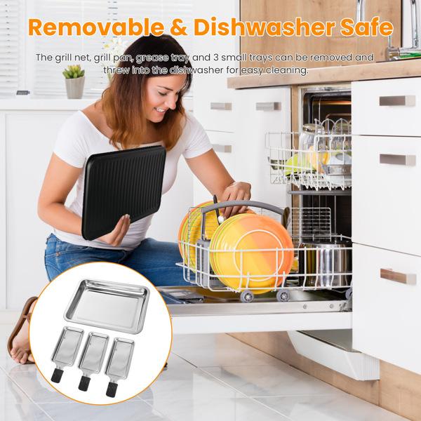 1500W Electric Indoor Grill 2-in-1 BBQ with Grill Net Removable Plate 5 Temp Control 3 Trays Dishwasher Safe for Indoor & Outdoor Parties