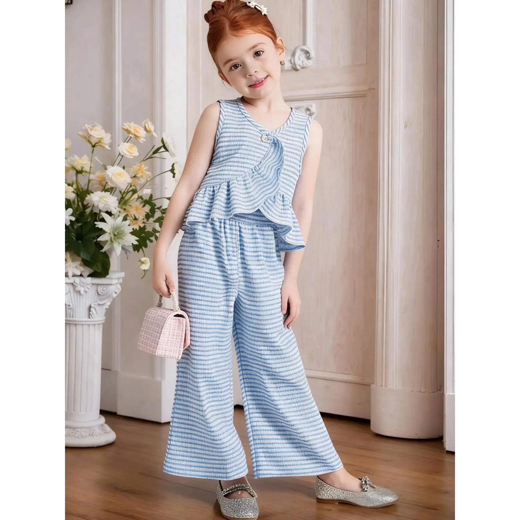 Girls' 2-Piece Casual Plaid Suit - Long Ruffle Sleeve Button Closure Fitted Blouse, Wide Leg Pants, Casual Wear with Slight Stretch, Summer Clothes for Ages 3-8 (Incl. 3-4 Years)
