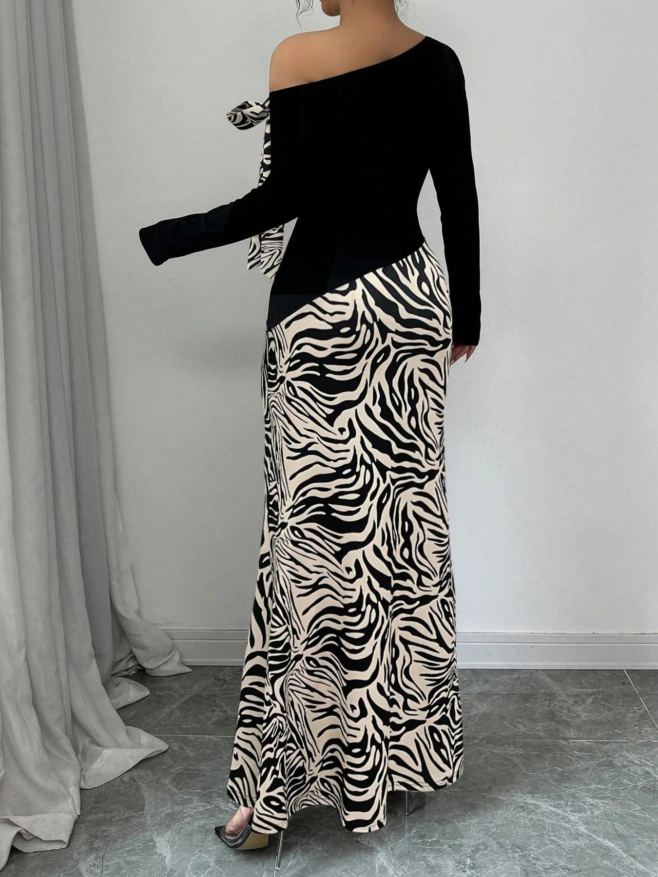 Women's Colorblock Striped Print Asymmetrical Neck Mermaid Dress, Elegant Fashion Long Sleeve Dress for Party Dating Wear, Women Dress for All Seasons, Formal Bodycon Dress