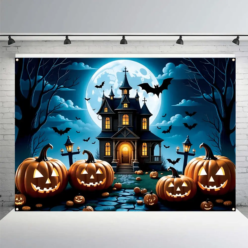 1 piece Halloween party Decorative Banner - Horror haunted house with pumpkins, bats & full moon design - Durable polyester wall hanging decoration, reusable, suitable for indoor/outdoor Halloween and holiday parties, home decoration