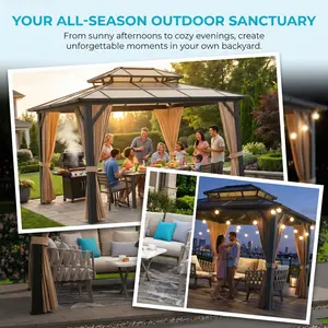 YJ-Garvee 10x12ft Hardtop Gazebo, Outdoor Polycarbonate Double Roof Canopy, Waterproof,UV protection,Aluminum Frame Permanent Pavilion with Curtains and Netting, Sunshade for Garden, Patio, Lawns,Khaki