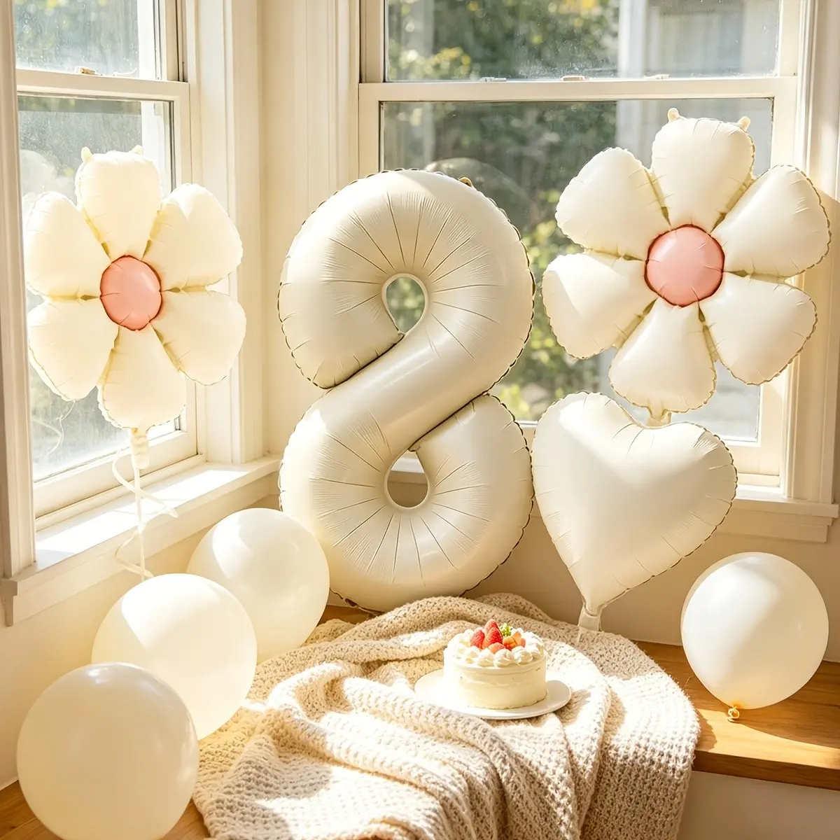 32inch Cream White Number Balloon 8 Digital Balloon with 18inch Daisy Balloons and heart balloons with white ribbon total 6pcs Balloon Decorations Kit for 8th birthday anniversary wedding bridal shower graduation party decorations