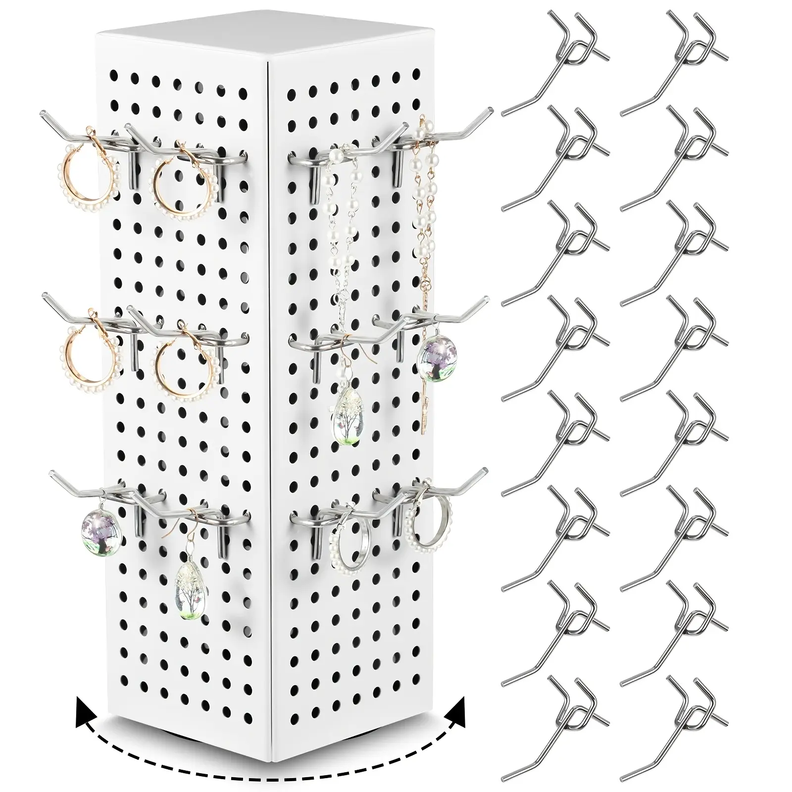 1 Set Rotating Countertop Display Kit with 16 Peg Hooks Four Sided Pegboard Spinner Organizer Retail Display Racks Revolving Metal Countertop Display for Keychain Supplies (White)