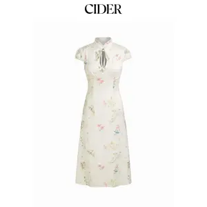 Cider Satin Floral Mandarin Collar Tie Front Maxi Mandarin Dress