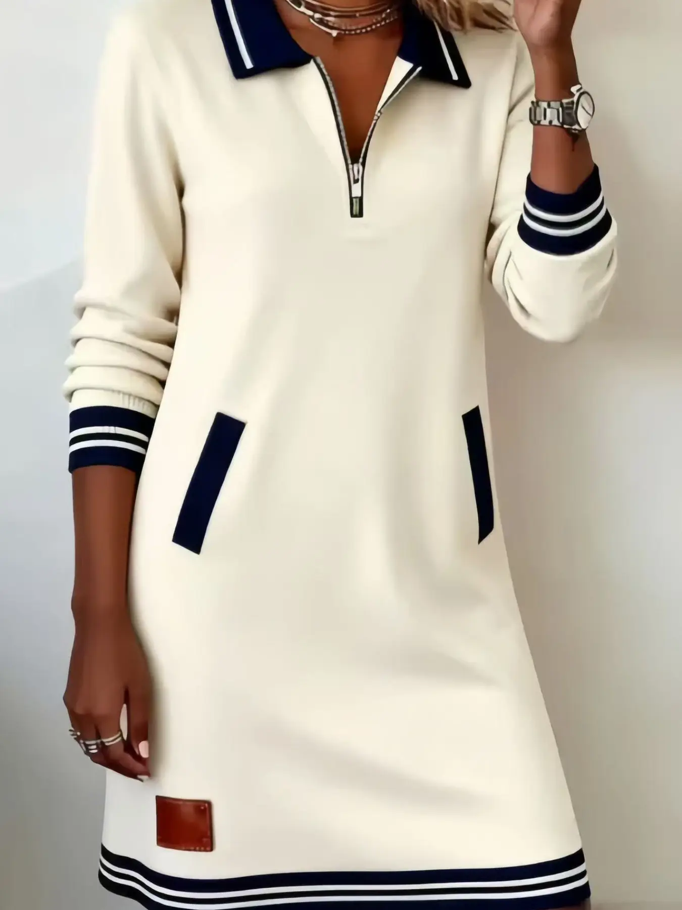 Women's Polo Neck Long Sleeve Sweatshirt Dress, Half Open Chain Pattern, Pocket Design, Slim Fit, Sporty Style, Medium-Length