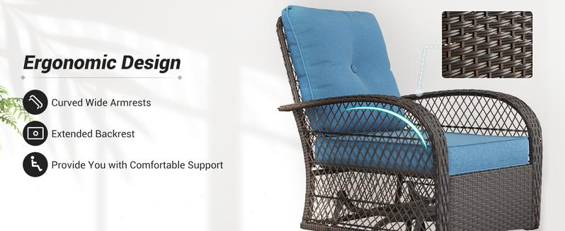 Amopatio 3 Pieces Patio Furniture Set, Outdoor Rattan Swivel Gliders Rocker with Glass Table and Cushions for Poolside/Deck/Garden/Backyard/Porch