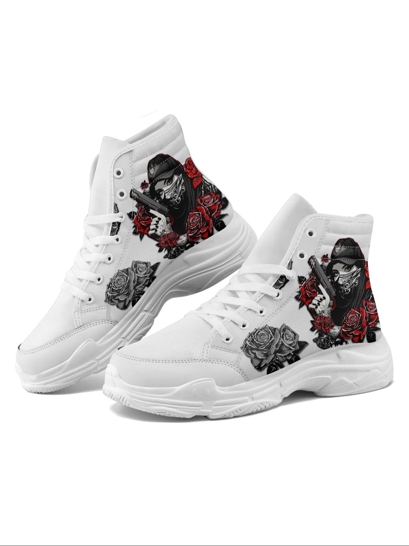 Women's Fashionable Rose & Lady Pattern Lace Up High Top Sneakers, Casual Comfortable Sports Shoes for Daily Wear, Breathable Non-slip Shoes for All Seasons