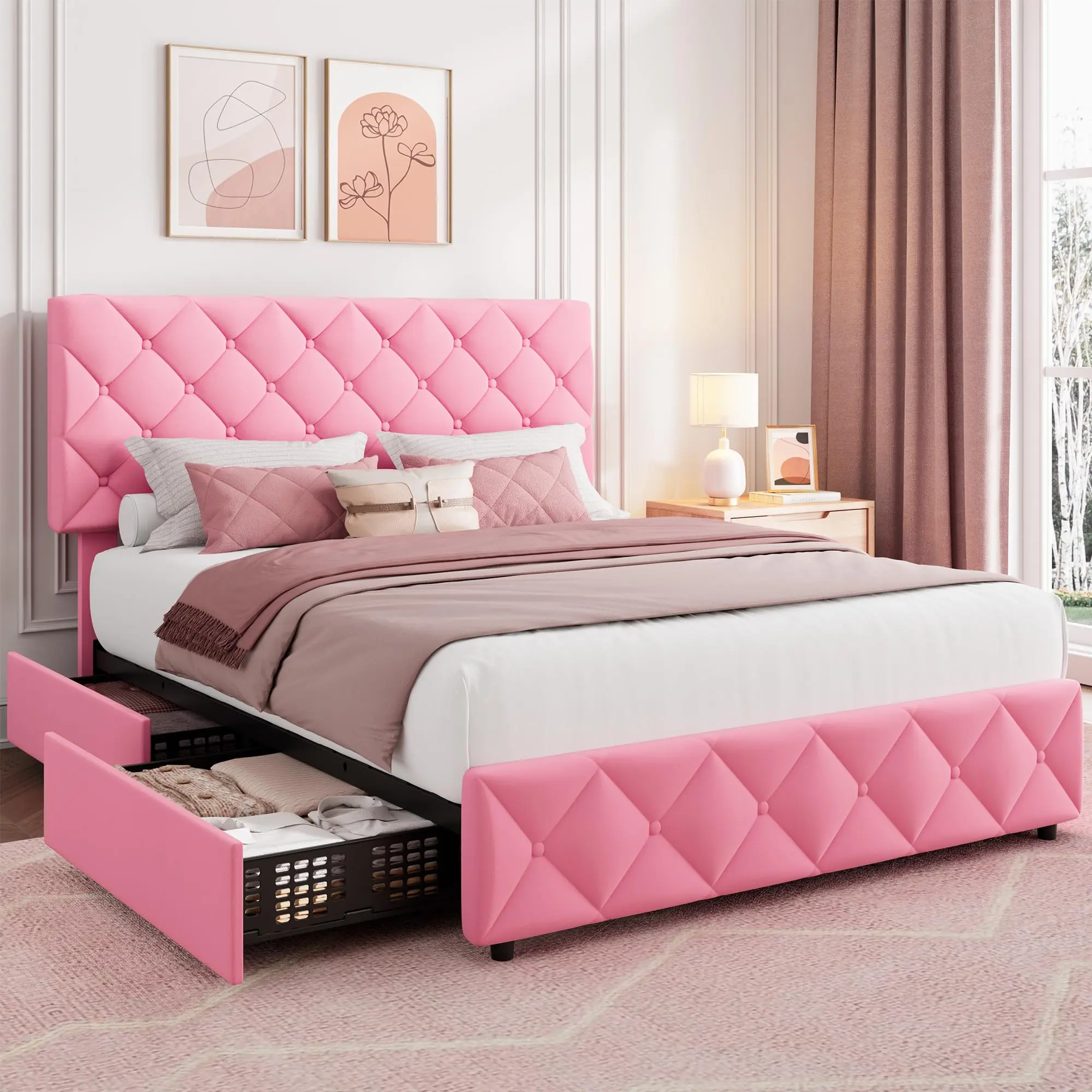 Bed Frame with 4 Storage Drawers and Adjustable Headboard, Linen Upholstered Platform Beds, Diamond Stitched Button Tufted, No Box Spring Needed