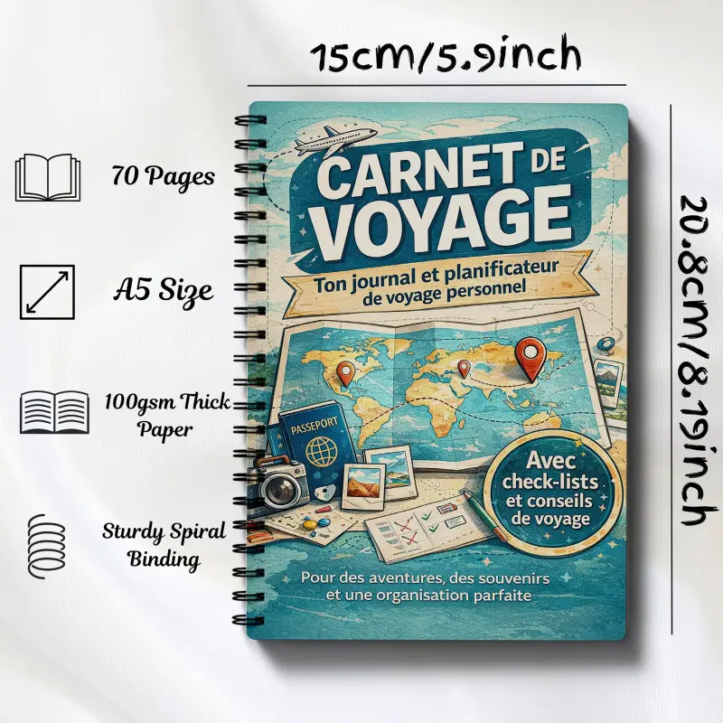 Retro map-style French travel notebook, spiral-bound travel planner with itinerary tracking, budget management, and travel checklist pages. A5 size with 100g thick paper, 70 undated pages, perfect for solo or couple trips.