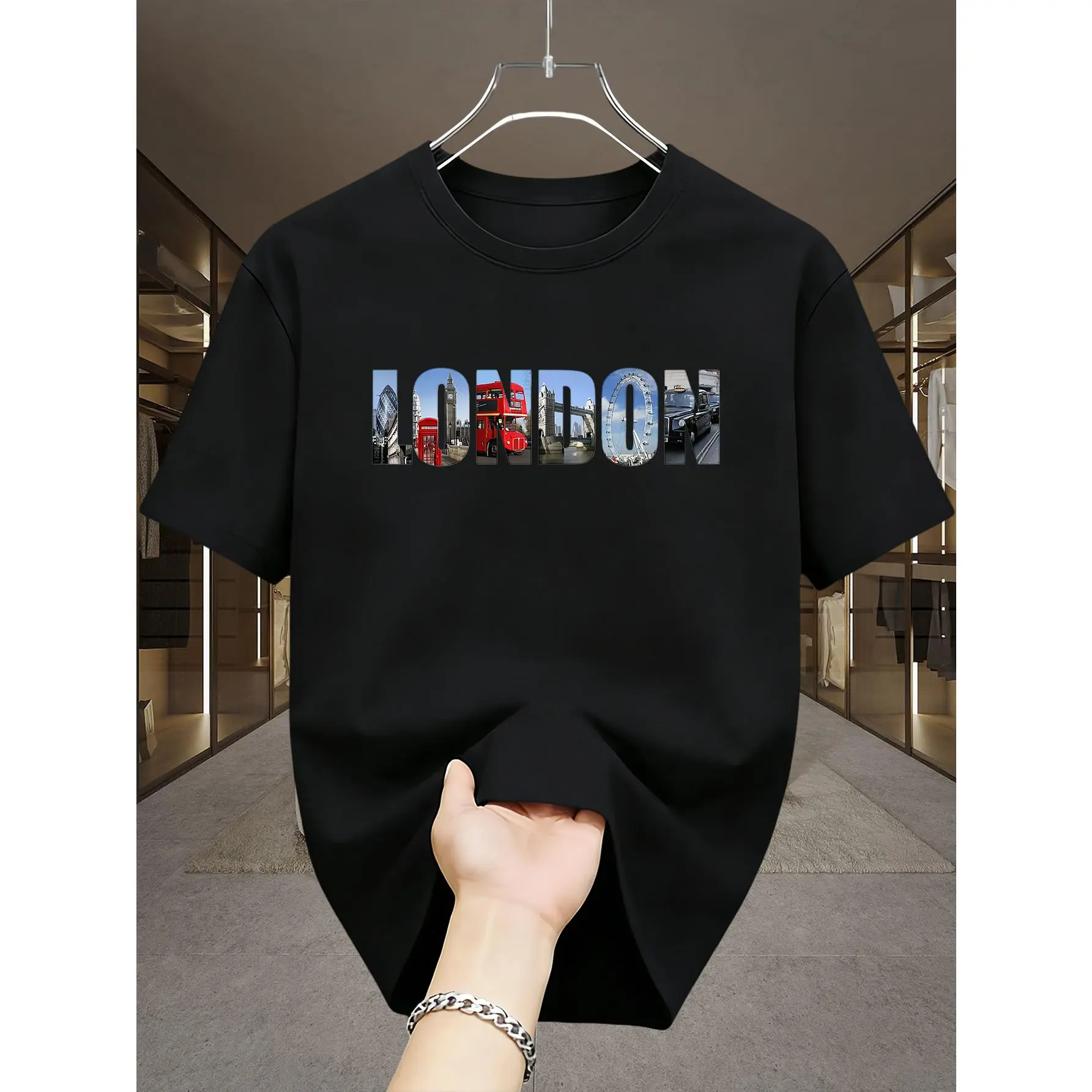 Men's London Cityscape Graphic Tee - Smooth Polyester Crew Neck Short-Sleeve Streetwear Top, Regular Fit, Bold 'London' Lettering, All-Over Print, Stretch Fabric, Machine Wash Summer Wear for Travel