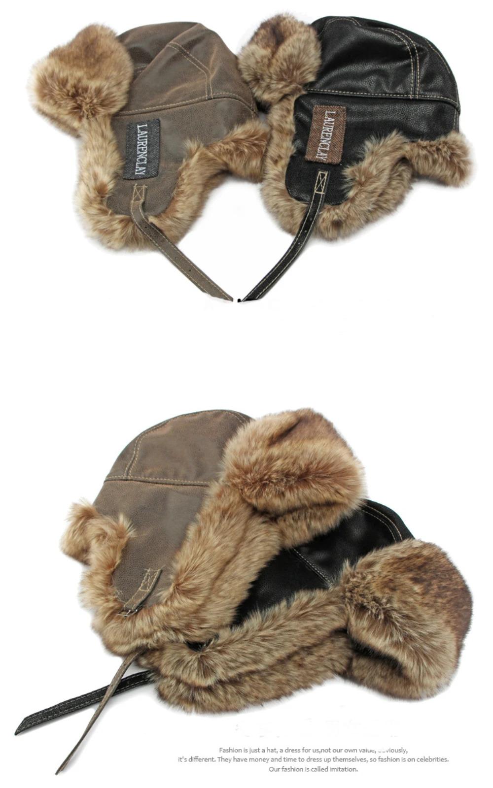 HT4241 Bomber Hat New Thick Warm Men Women Russian Fur Hat Male Windproof PU Leather Ski Trapper Earflap Cap Winter Hat Ushanka