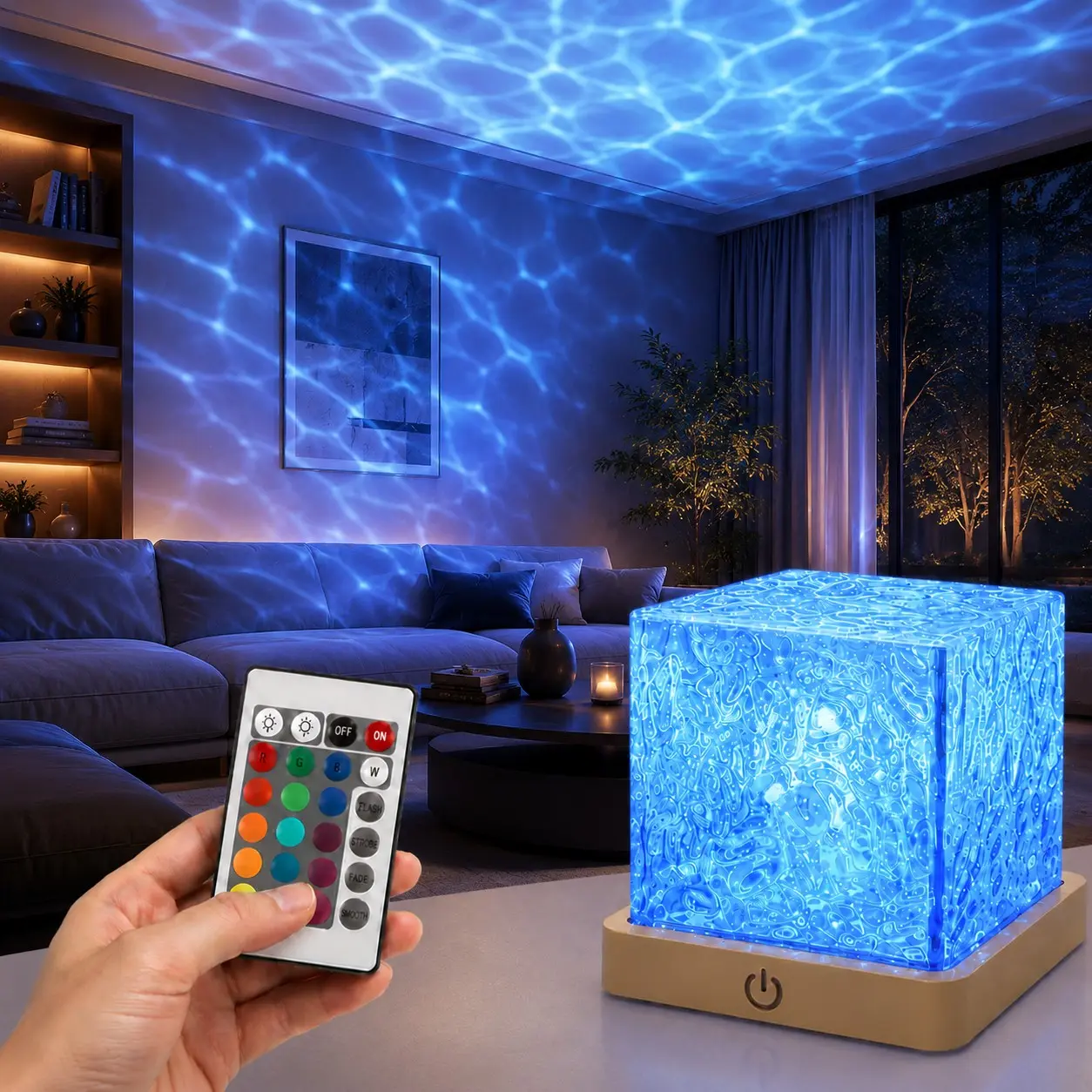 16 Color Rechargeable Water Ripple Projector, Cordless Ocean Wave Ambient Lamp with Remote Control, Dimmable Mood Lighting for Bedroom and Gaming Room