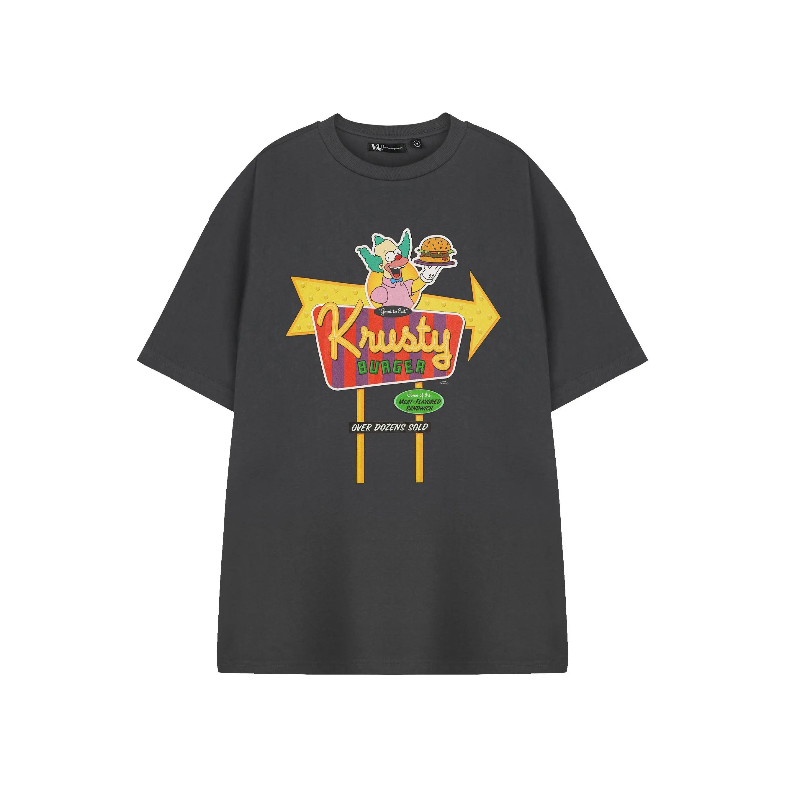 Men's Unisex Premium Heather Dark-Gray Cotton Short-Sleeve Oversized Crew-Neck T-Shirt, The Simpsons Krusty the Clown Krusty Burger Retro Sign Graphic Top, Nostalgic Cartoon Streetwear Casual Outfit, Gift for Simpsons Fans