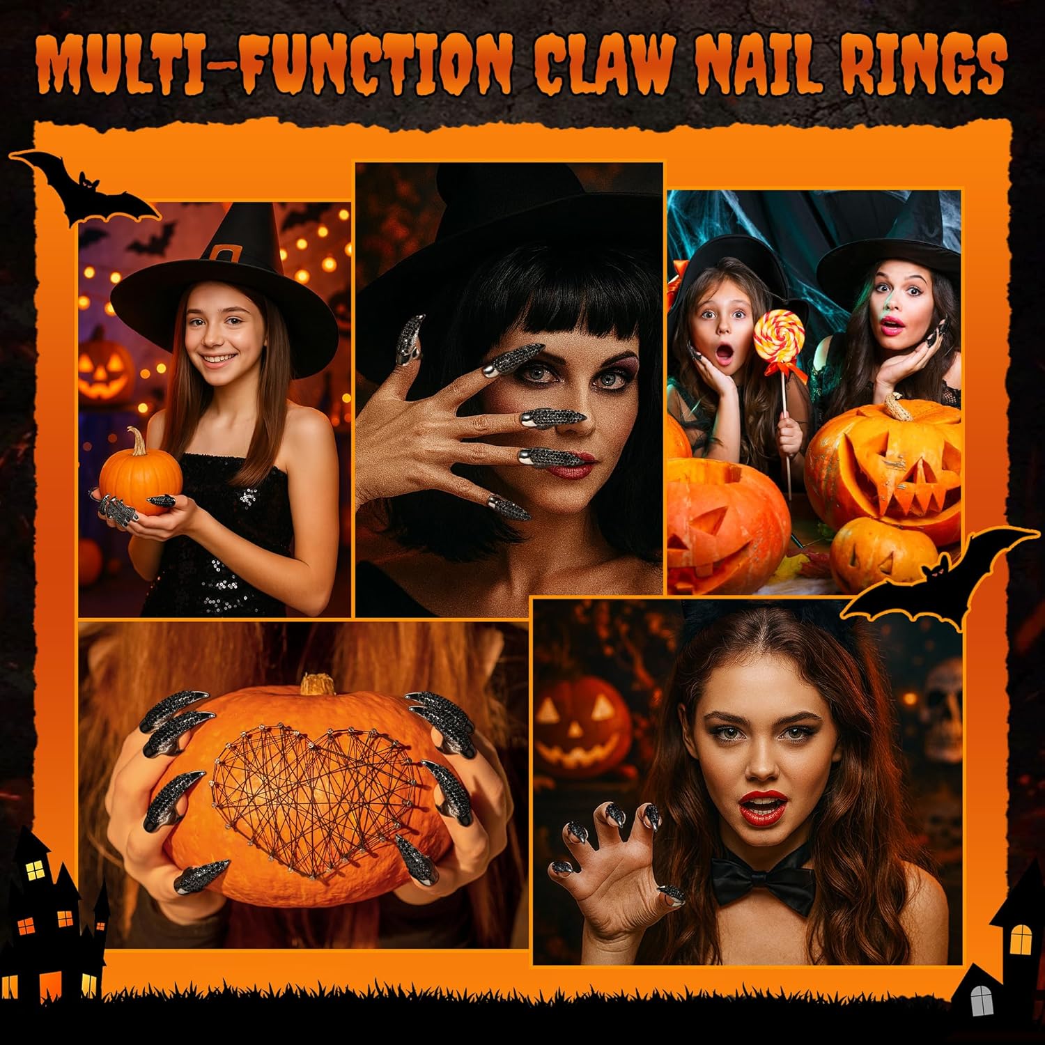 10 count Halloween Costume Claws  Nails Ring Set, 3 Sizes  Full Finger Claws Retro Metal  Rings Gothic Punk Talon Fingertip Claw Long Nails for  Art Holiday Party (Black)