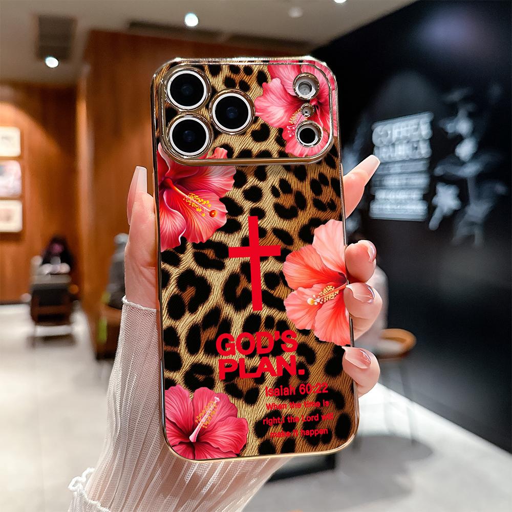 Leopard print and GOD'S PLAN lsaiah 60:22 Pattern Shockproof Phone Case for iPhone 17 Pro Max Air 16 15 14 13 12 11 Plus  Gold electroplated edge texture Full-lens protection Protecitved Cover