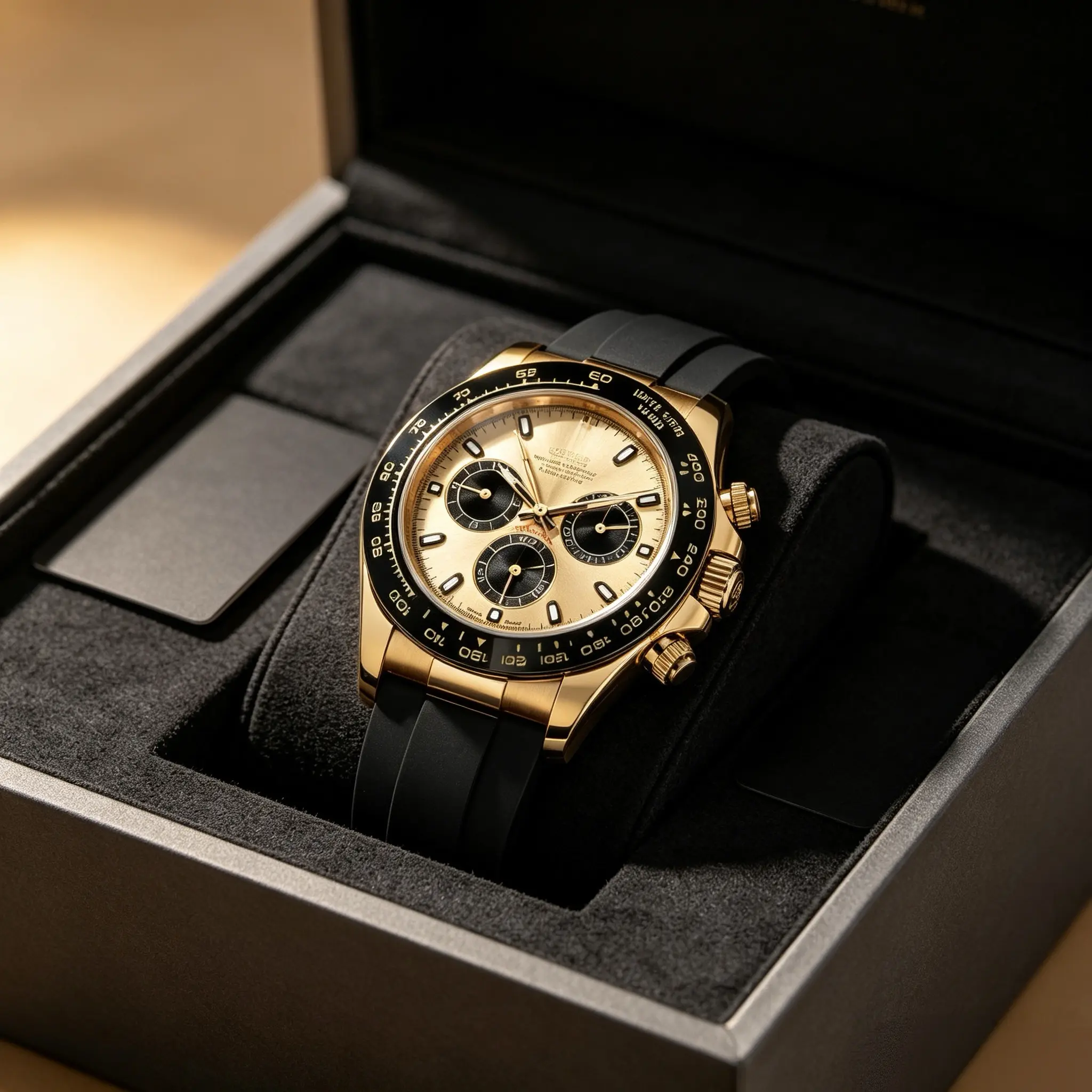 Men's Glossy Gold-Cased Chronograph Watch, Durable Tachymeter Bezel, Comfortable Rubber Strap, Casual Sports Daily Wristwatch for Gentlemen