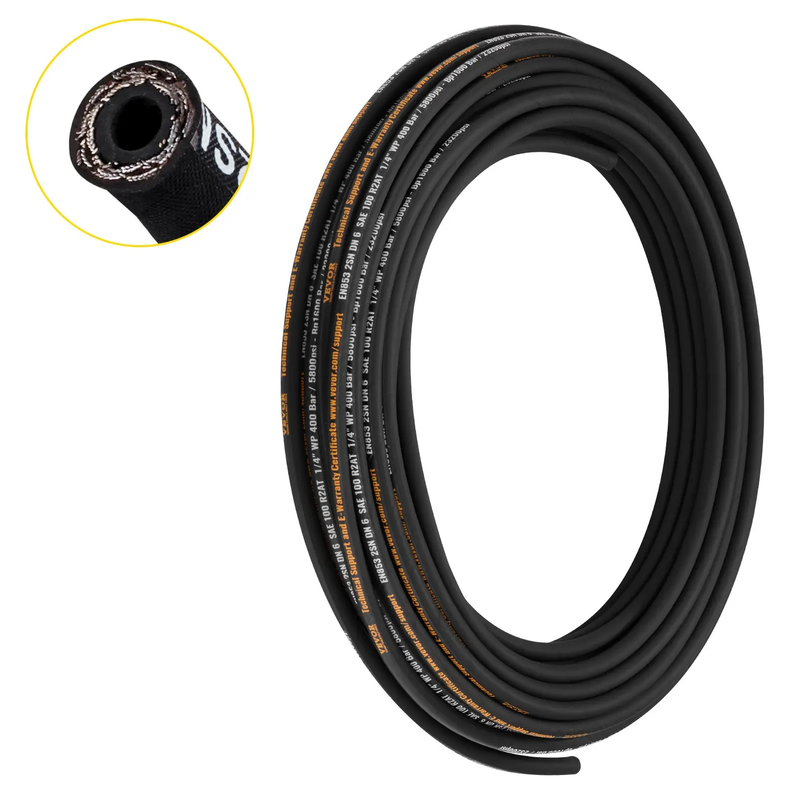 VEVOR Hydraulic Hose 1/4 inch x 100 ft, Coiled Hydraulic Hose 5800 PSI, Rubber Hydraulic Hose with 2 High-Tensile Steel Wire Braid, Bulk Hydraulic Hose -20℃ to 140℃, Hydraulic Oil Flexible Hose