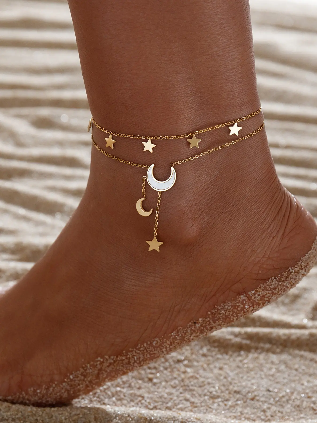 1pc Elegant Multi-Layer Star & Moon Pendant Anklet, Fashionable, Versatile, Graceful & Playful, Perfect For Beach Vacation, Suitable For Gift Or Personal Use