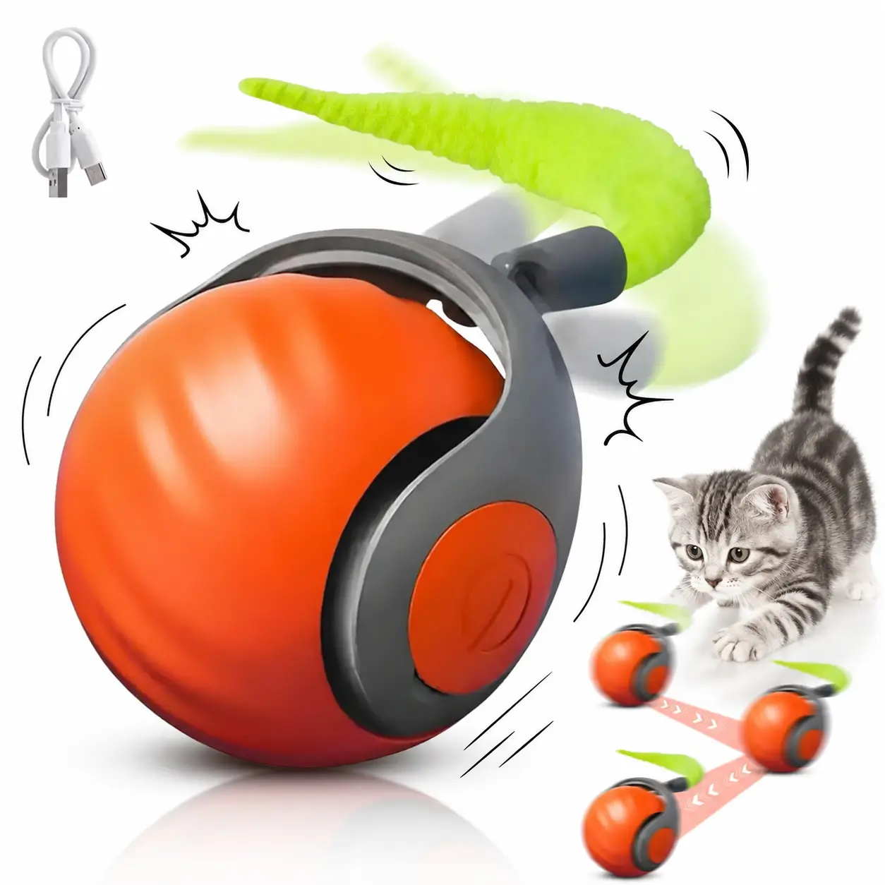 Moving Ball Cat Toys with Feather Tail, Rechargeable 2025 New Interactive Toy for Indoor Cats Exercise, Smart Interactive Kitten Rolling Ball, Orange